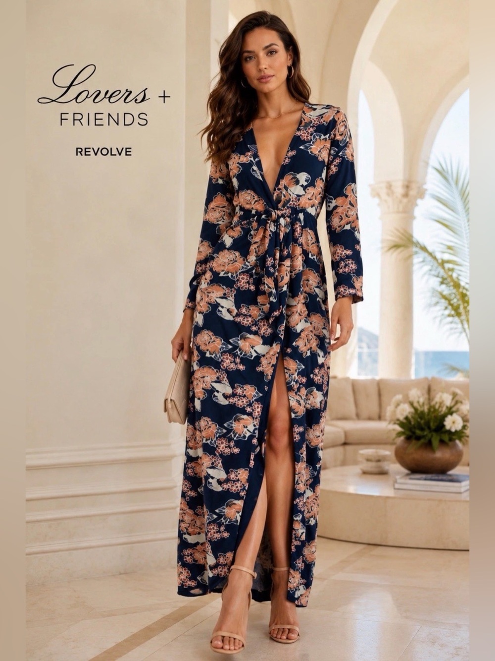 Lovers + Friends REVOLVE My Love Maxi Dress Blue Floral Carmel Long Sleeves Sz S
